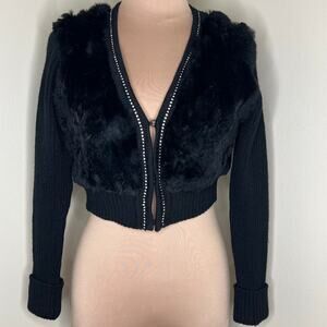 Lucidity Cropped Cardigan Small Womens Rabbit Fur Rhinestone Sweater Jacket Wool